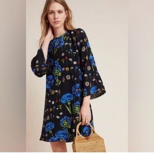 Anthropologie Maeve Womens Boho Silk Floral Mini Dress bell sleeves tie at neck.